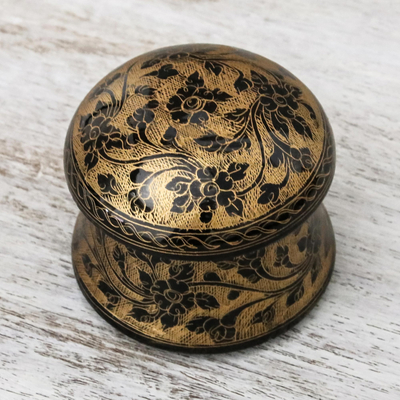 Mango wood decorative box, 'Floral Mushroom in Gold' - Lacquerware Mango Wood Decorative Box in Gold from Thailand