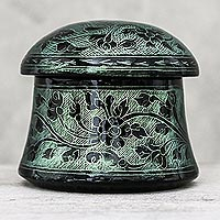 Mango wood decorative box, 'Floral Mushroom in Green' - Lacquerware Mango Wood Decorative Box in Green from Thailand
