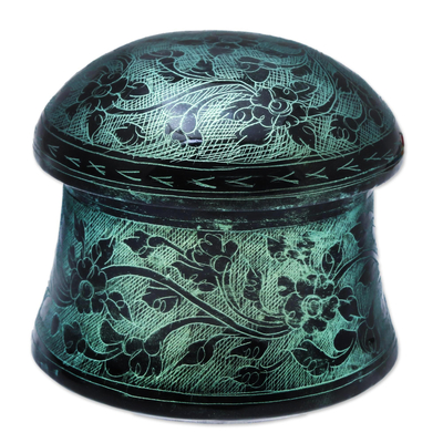 Mango wood decorative box, 'Floral Mushroom in Green' - Lacquerware Mango Wood Decorative Box in Green from Thailand