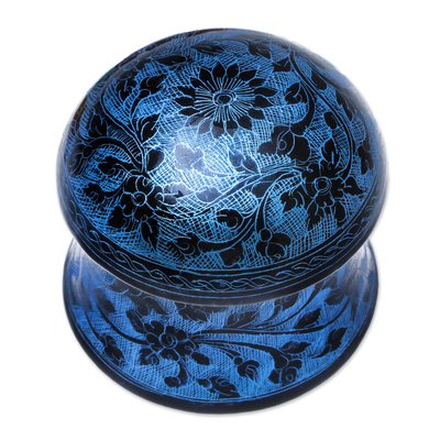 Deko-Box aus Mangoholz, „Floral Mushroom in Blue“ – Lackware Deko-Box aus Mangoholz in Blau aus Thailand