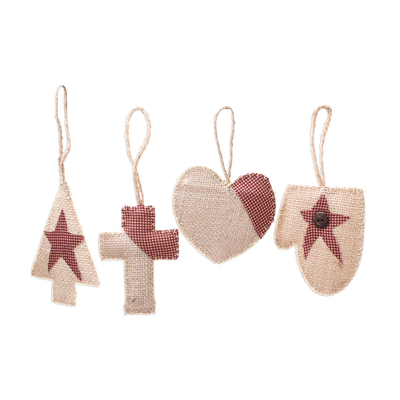 Burlap and cotton ornaments, 'Country Christmas' (set of 4) - Cream and Red Burlap and Cotton Holiday Ornaments (Set of 4)