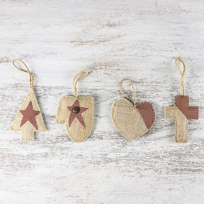 Burlap and cotton ornaments, 'Country Christmas' (set of 4) - Cream and Red Burlap and Cotton Holiday Ornaments (Set of 4)
