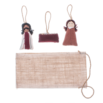 Cotton ornaments, 'Country Nativity' - Dark Red Hand-Stitched Cotton Nativity Ornaments (Set of 3)