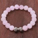Rose quartz beaded stretch bracelet, 'Leafy Pink' - Leaf-Themed Rose Quartz Beaded Stretch Bracelet