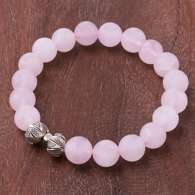 Rose quartz beaded stretch bracelet, 'Leafy Pink' - Leaf-Themed Rose Quartz Beaded Stretch Bracelet