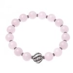 Rose quartz beaded stretch bracelet, 'Leafy Pink' - Leaf-Themed Rose Quartz Beaded Stretch Bracelet