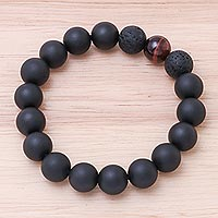 Onyx and tiger's eye beaded stretch bracelet, 'Dark Sophistication in Red' - Onyx and Red Tiger's Eye Beaded Stretch Bracelet