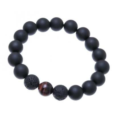 Onyx and tiger's eye beaded stretch bracelet, 'Dark Sophistication in Red' - Onyx and Red Tiger's Eye Beaded Stretch Bracelet
