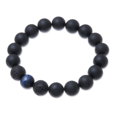 Onyx and tiger's eye beaded stretch bracelet, 'Dark Sophistication in Blue' - Onyx and Blue Tiger's Eye Beaded Stretch Bracelet