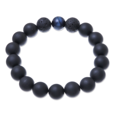 Onyx and tiger's eye beaded stretch bracelet, 'Dark Sophistication in Blue' - Onyx and Blue Tiger's Eye Beaded Stretch Bracelet