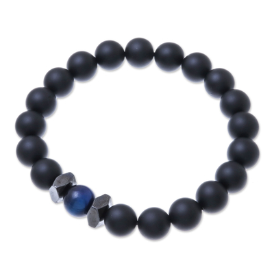 Onyx and tiger's eye beaded stretch bracelet, 'Black Sky' - Black Onyx and Blue Tiger's Eye Beaded Stretch Bracelet
