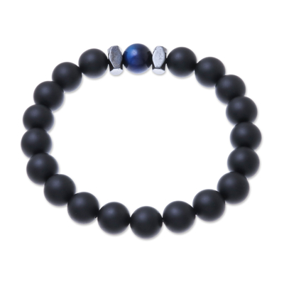 Onyx and tiger's eye beaded stretch bracelet, 'Black Sky' - Black Onyx and Blue Tiger's Eye Beaded Stretch Bracelet