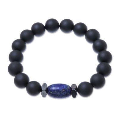 Onyx and Lapis Lazuli Beaded Stretch Bracelet from Thailand