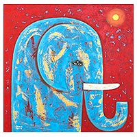 'Red Full Moon' - Signed Naif Painting of a Blue Elephant from Thailand