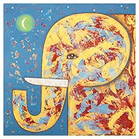 'Elephant and the Crescent Moon' - Signed Naif Painting of a Yellow Elephant from Thailand