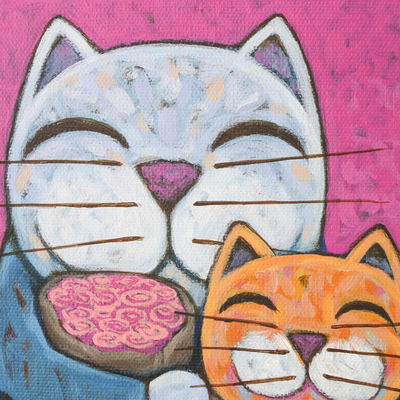 Diptych, 'Family' - Cat-Themed Signed Naif Diptych from Thailand