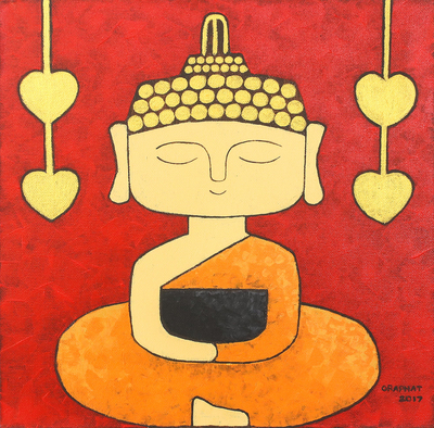 'Calmly Buddha' - Pintura Naif firmada de Buda meditando