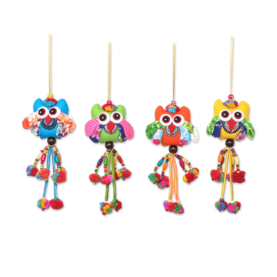 Colorful Cotton Owl Ornaments from Thailand (Set of 4)