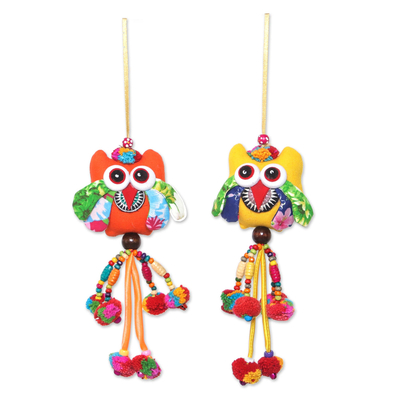 Cotton ornaments, 'Owl Color' (set of 4) - Colorful Cotton Owl Ornaments from Thailand (Set of 4)