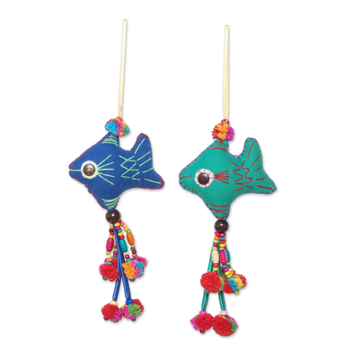 Cotton ornaments, 'Cheerful Fish' (set of 4) - Colorful Cotton Fish Ornaments from Thailand (Set of 4)
