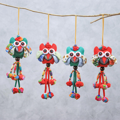 Cotton blend ornaments, 'Owl Delight' (set of 4) - Cotton Blend Owl Ornaments in Green and Red (Set of 4)