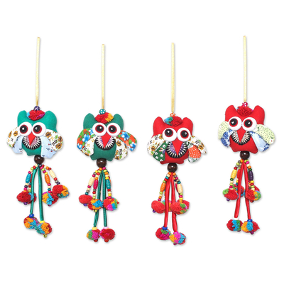 Cotton Blend Owl Ornaments in Green and Red (Set of 4)
