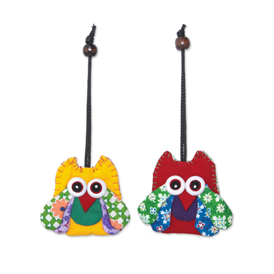 Cotton ornaments, 'Lovely Owls' (set of 4) - Assorted Cotton Owl Ornaments from Thailand (Set of 4)