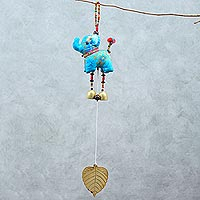Elephant-Themed Cotton Mobile in Blue from Thailand,'Elephant Dance in Blue'