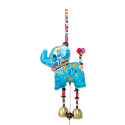 Cotton mobile, 'Elephant Dance in Blue' - Elephant-Themed Cotton Mobile in Blue from Thailand