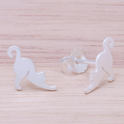 Sterling silver stud earrings, 'Feline Stretch' - Sterling Silver Cat Stud Earrings from Thailand