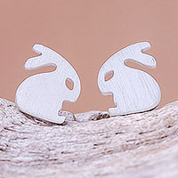 Sterling silver stud earrings, 'Cute Rabbits'