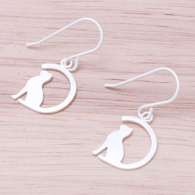 Sterling silver dangle earrings, 'Long-Tailed Cat' - Sterling Silver Cat Dangle Earrings from Thailand