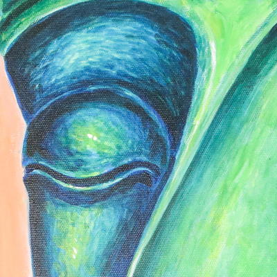 „Friedliche Jade“ – Signiertes expressionistisches Gemälde von Buddha in Grün