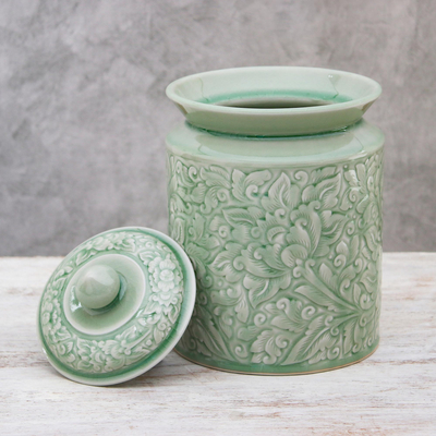 Celadon ceramic jar, 'Guarded Romance' - Celadon ceramic jar