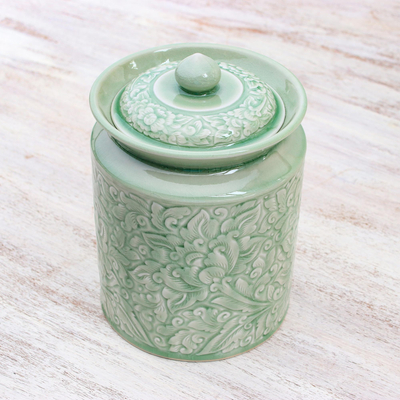 Celadon ceramic jar, 'Guarded Romance' - Celadon ceramic jar