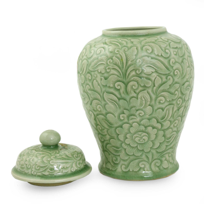 Celadon ceramic jar, 'Botanical Dream' - Fair Trade Celadon Ceramic Vase