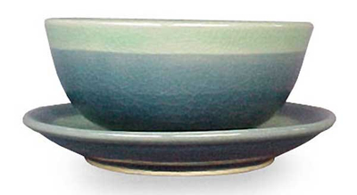Celadon ceramic bowl and plate, 'Marine' - Celadon ceramic bowl and plate