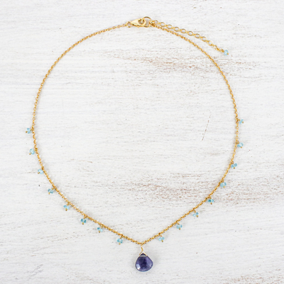 Gold plated iolite and apatite pendant necklace, 'Sea Change' - 18k Gold Plated Iolite and Apatite Pendant Necklace