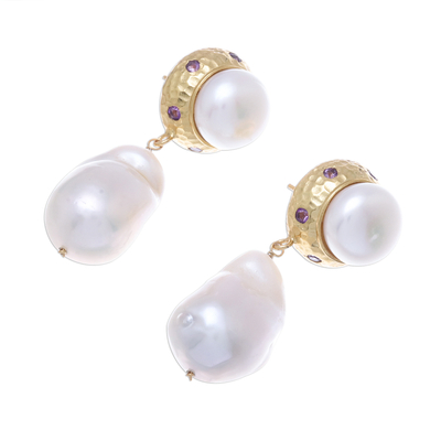 Gold plated cultured pearl and amethyst dangle earrings, 'Pure Ocean' - Gold Plated Cultured Pearl and Amethyst Dangle Earrings