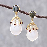 Gold plated multi-gemstone dangle earrings,