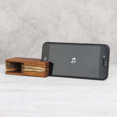 Teak wood phone speaker, 'Teak Sound' - Small Teak Wood Phone Speaker from Thailand