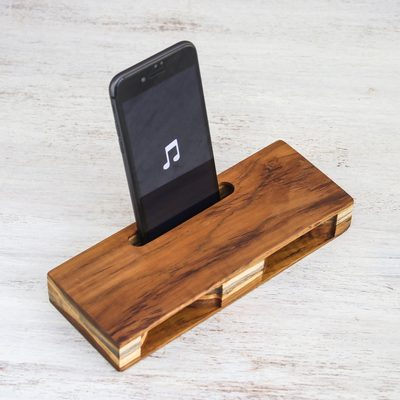 Teak wood phone speaker, 'Teak Symphony' - Handcrafted Teak Wood Phone Speaker from Thailand