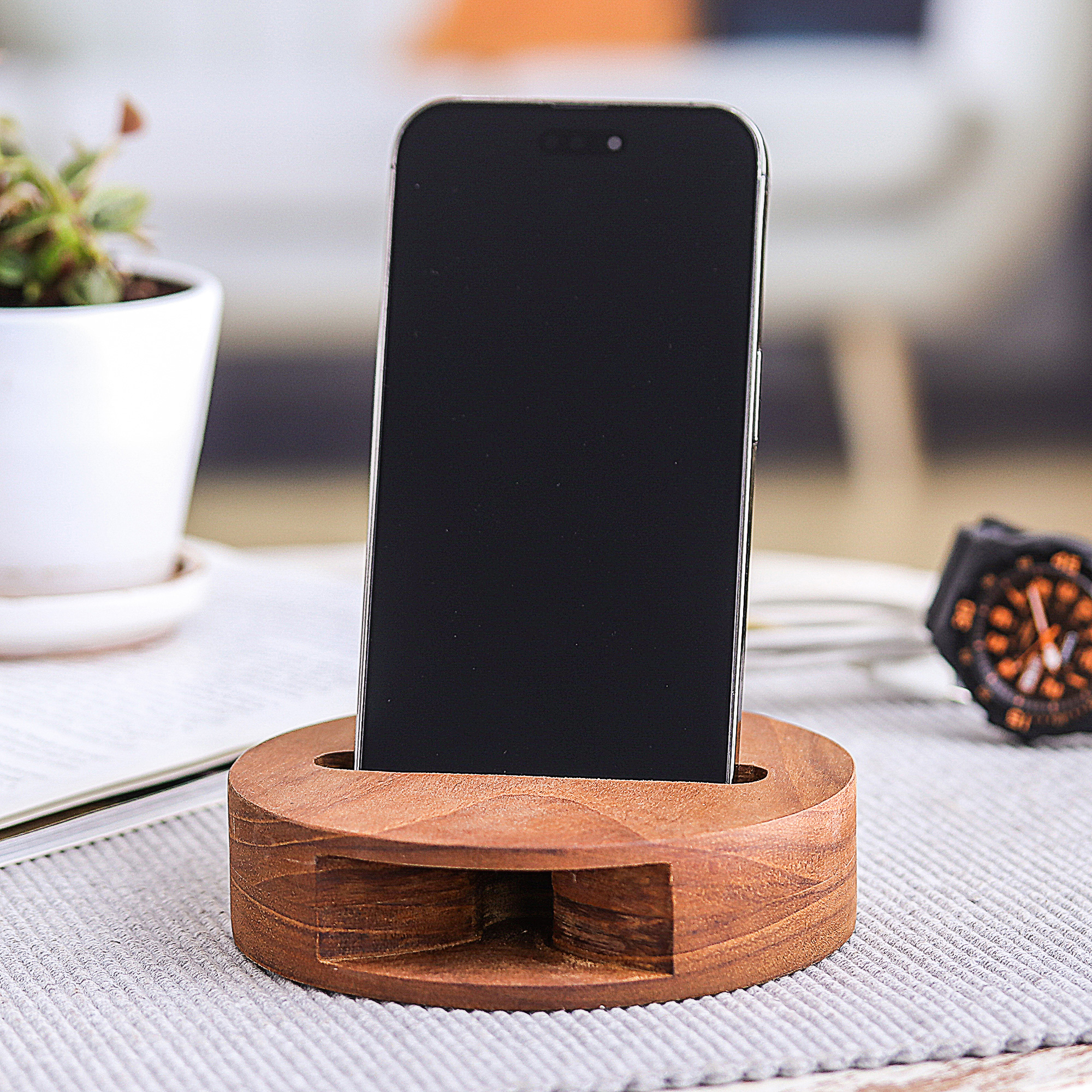 Round Teak Wood Phone Speaker from Thailand, 'Modern Sound'