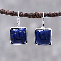 Rhodium plated lapis lazuli drop earrings, 'Gleaming Squares'