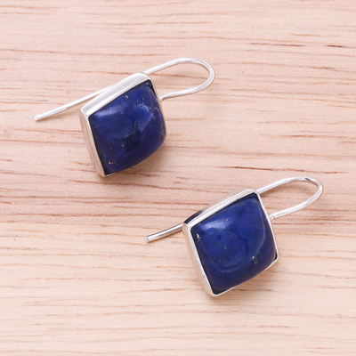 Rhodium plated lapis lazuli drop earrings, 'Gleaming Squares' - Rhodium Plated Lapis Lazuli Drop Earrings from Thailand