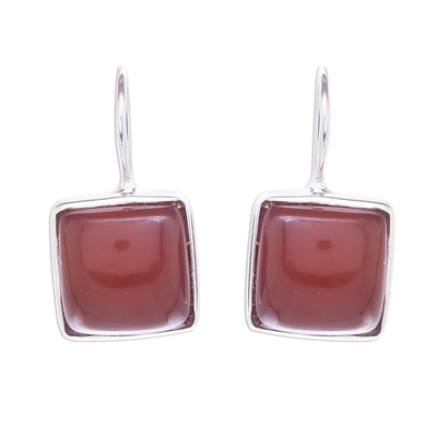 Rhodium plated carnelian drop earrings, 'Gleaming Squares' - Rhodium Plated Carnelian Drop Earrings from Thailand