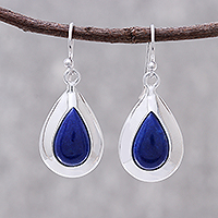 Rhodium Plated Lapis Lazuli Teardrop Dangle Earrings,'Precious Beauty'