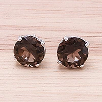 Rhodium plated smoky quartz stud earrings, 'Precious Sparkle' - Rhodium Plated Smoky Quartz Stud Earrings from Thailand