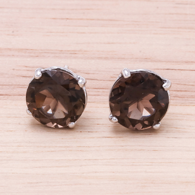 Rhodium plated smoky quartz stud earrings, Precious Sparkle