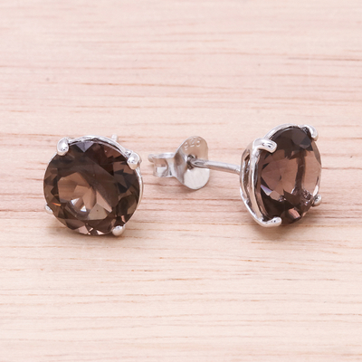 Rhodium plated smoky quartz stud earrings, 'Precious Sparkle' - Rhodium Plated Smoky Quartz Stud Earrings from Thailand